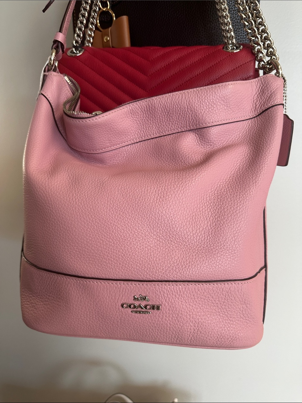 Coach Pink Pebbled Leather Hobo with Red Accent